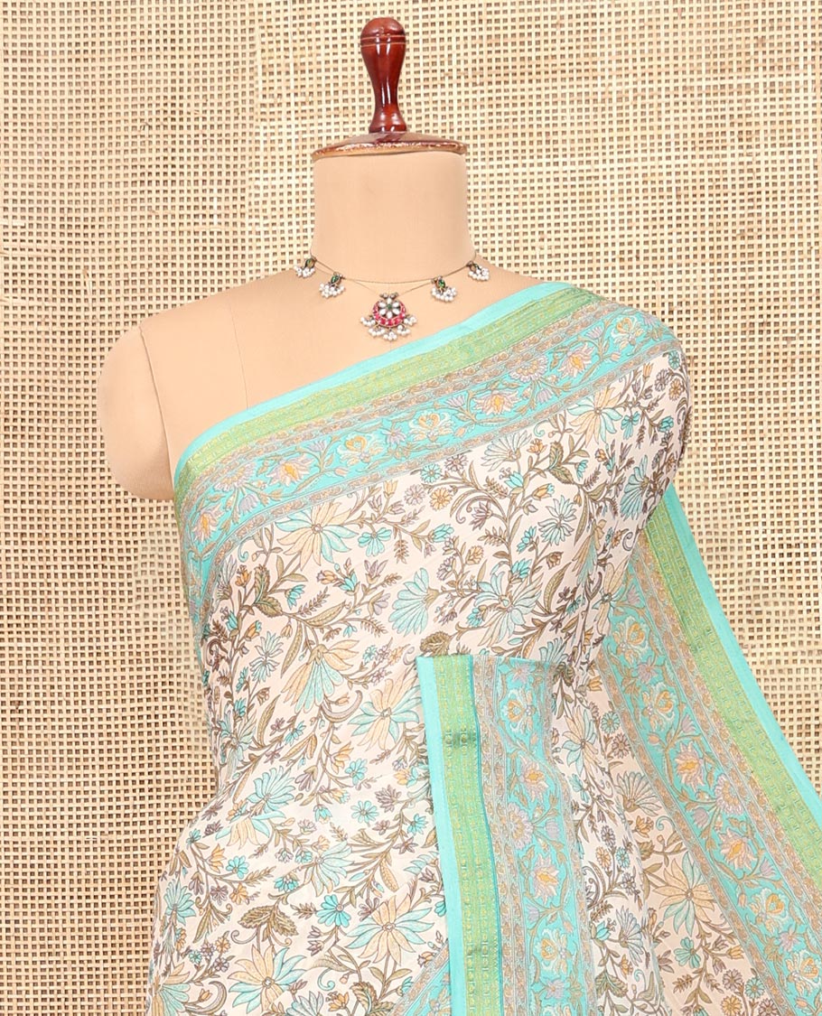 Off-White Base Printed Silk Saree, Finely Crafted with Floral Vine Print, a Contrast Floral Printed Zari Border, Floral Printed Pallu, and a Contrast Blouse