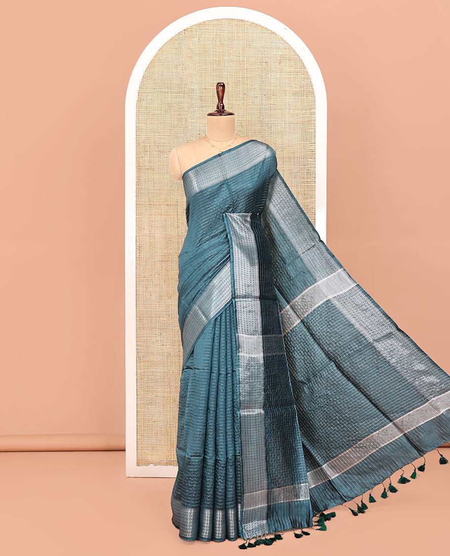 Blue Banana Pith Saree, Detailed with Zari Stripes All Over Its Body, Highlighted by Temple Border of Jaal Designs, Subtly Striped Pallu, and Paired with a Matching Blouse