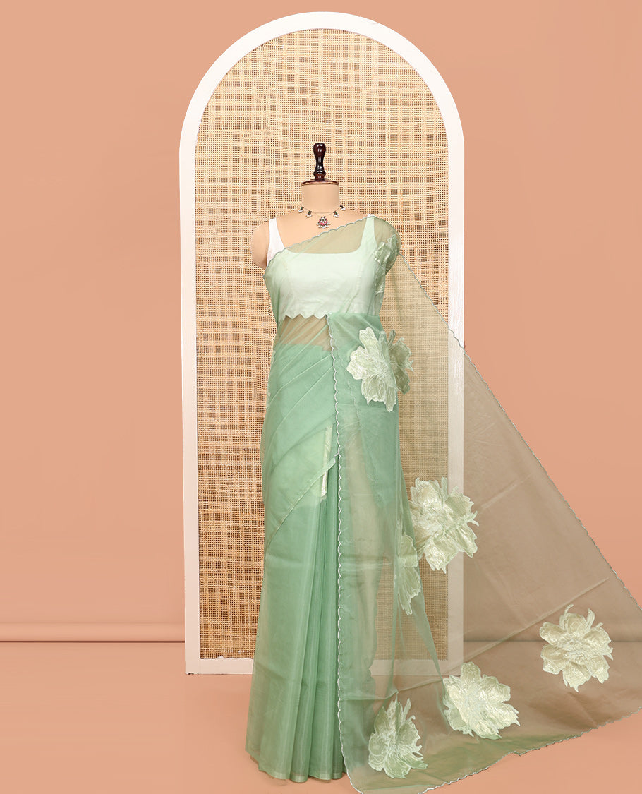 Green Organza Saree, Gracefully Embellished with Floral Gold-Foil Embroidery, a Scallop Border, and a Matching Blouse