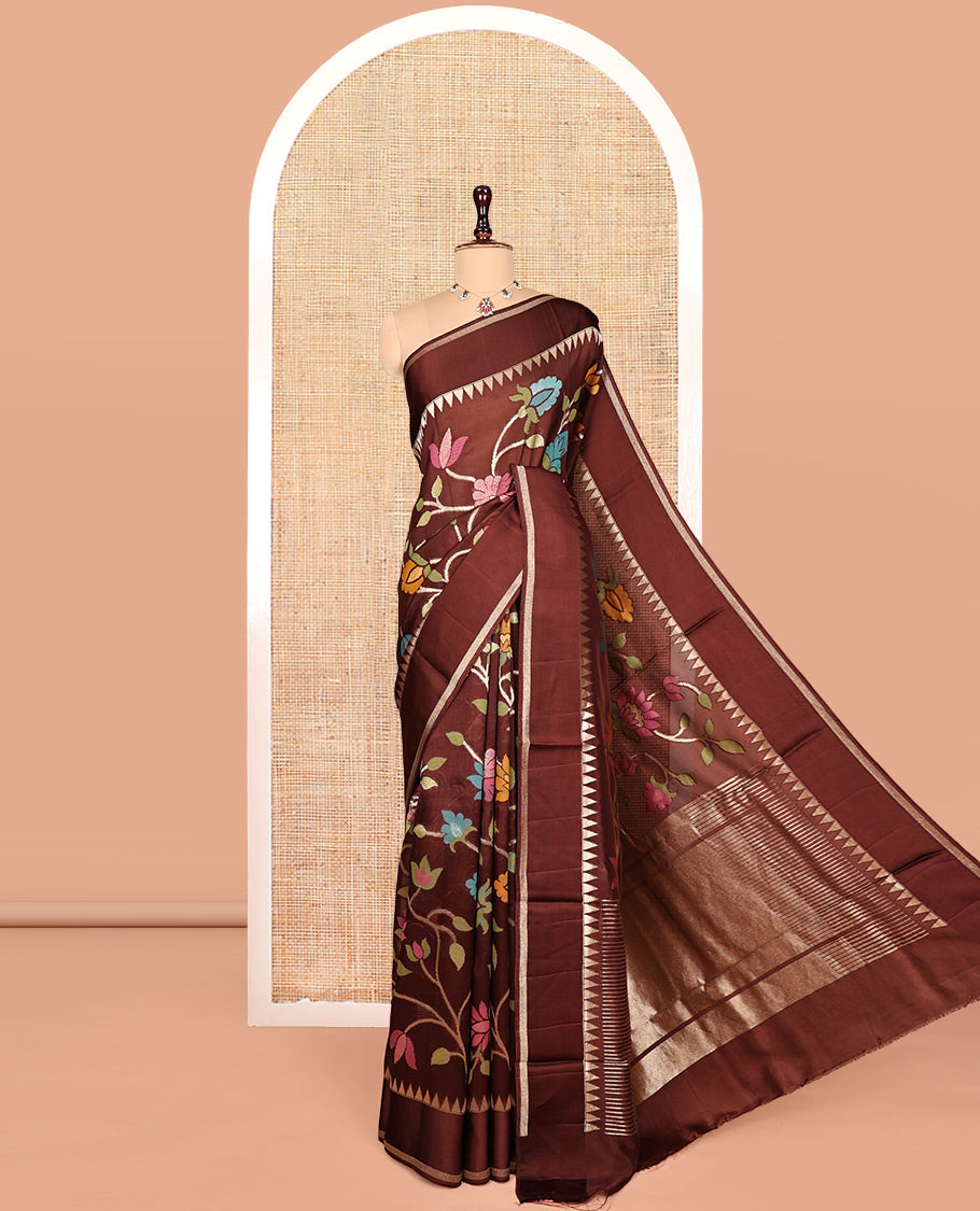 Brown Matka Silk Saree, Crafted with Meenakari Floral Vine All Over Its Body, Highlighted by Temple Rettai Pettu Border, Pallu of Stripes, and Paired with a Matching Blouse