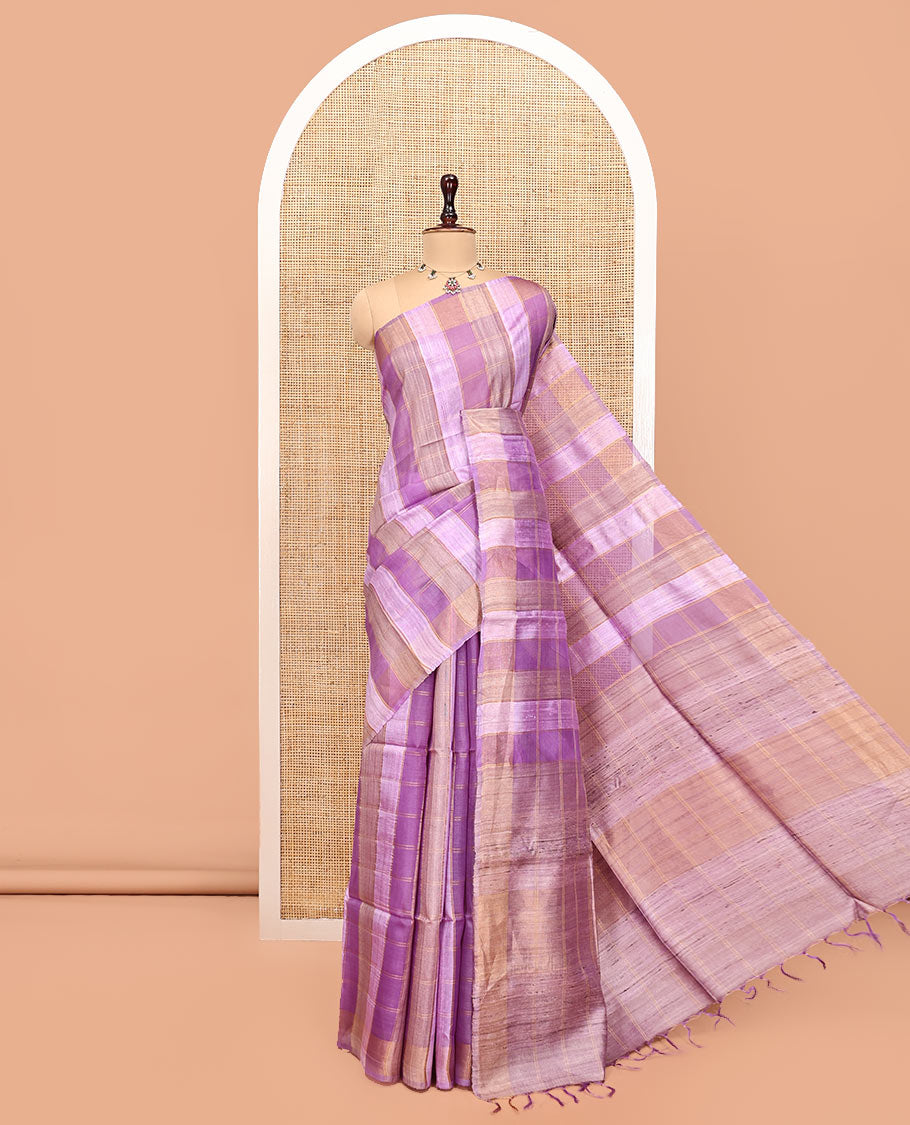 Purple Tussar Silk Saree, Highlighted by Stripes and Checks, a Self-Border, a Heathered Pallu, and a Matching Blouse
