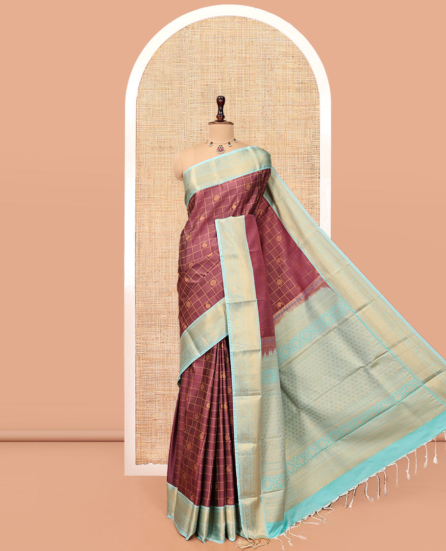 Brown Budget Silk Saree, Woven with Butta Enclosed Checks, Contrast Traditional Zari Border, Intricate Pallu, and a Contrast Blouse