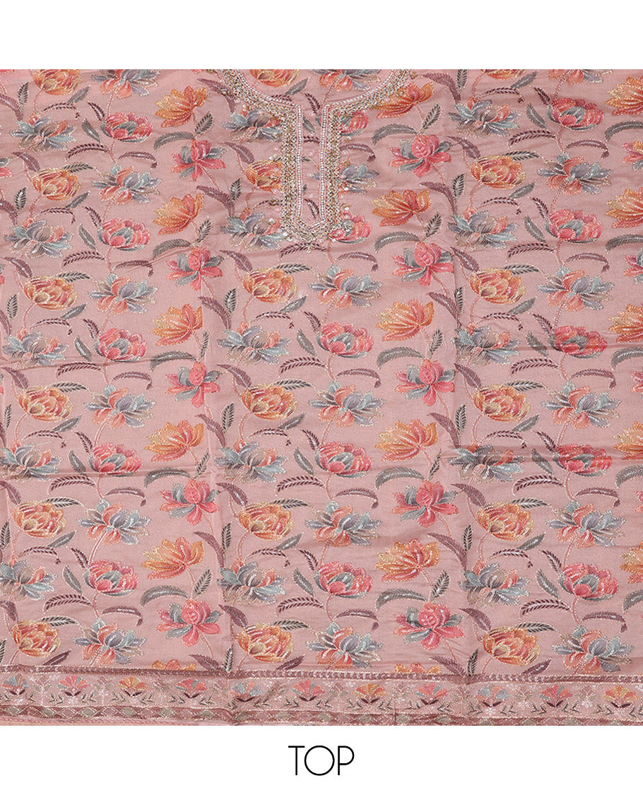 Pink Material Chudidar Set, Boldly Accentuated with Floral Print, and Outline Embroidery on Organza Top, a Plain Santoon Bottom, and Paired with a Floral Vine Sequins Embroidered Organza Dupatta