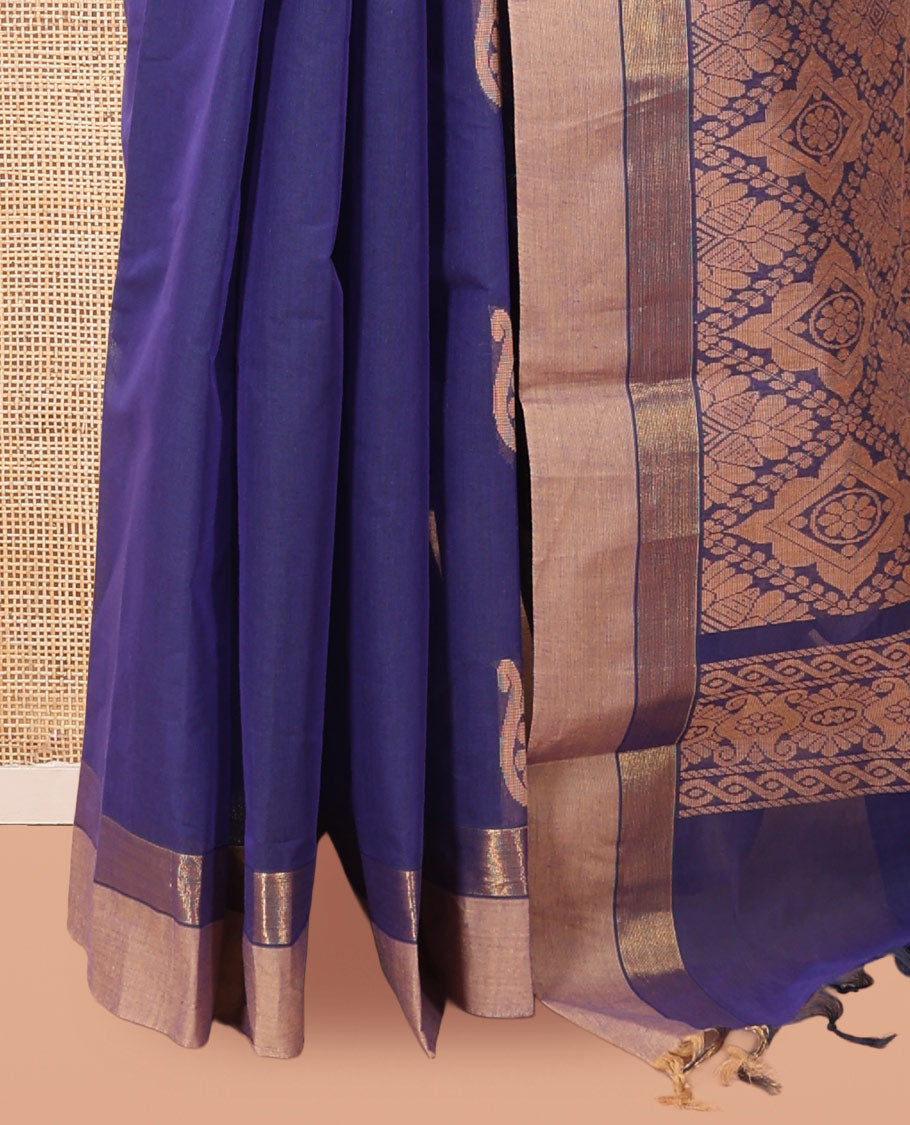 Ink Blue Kanchi Cotton Saree, Woven with Thread Buttas, a Contrast Border, Pallu of Intricate Design, and a Matching Blouse