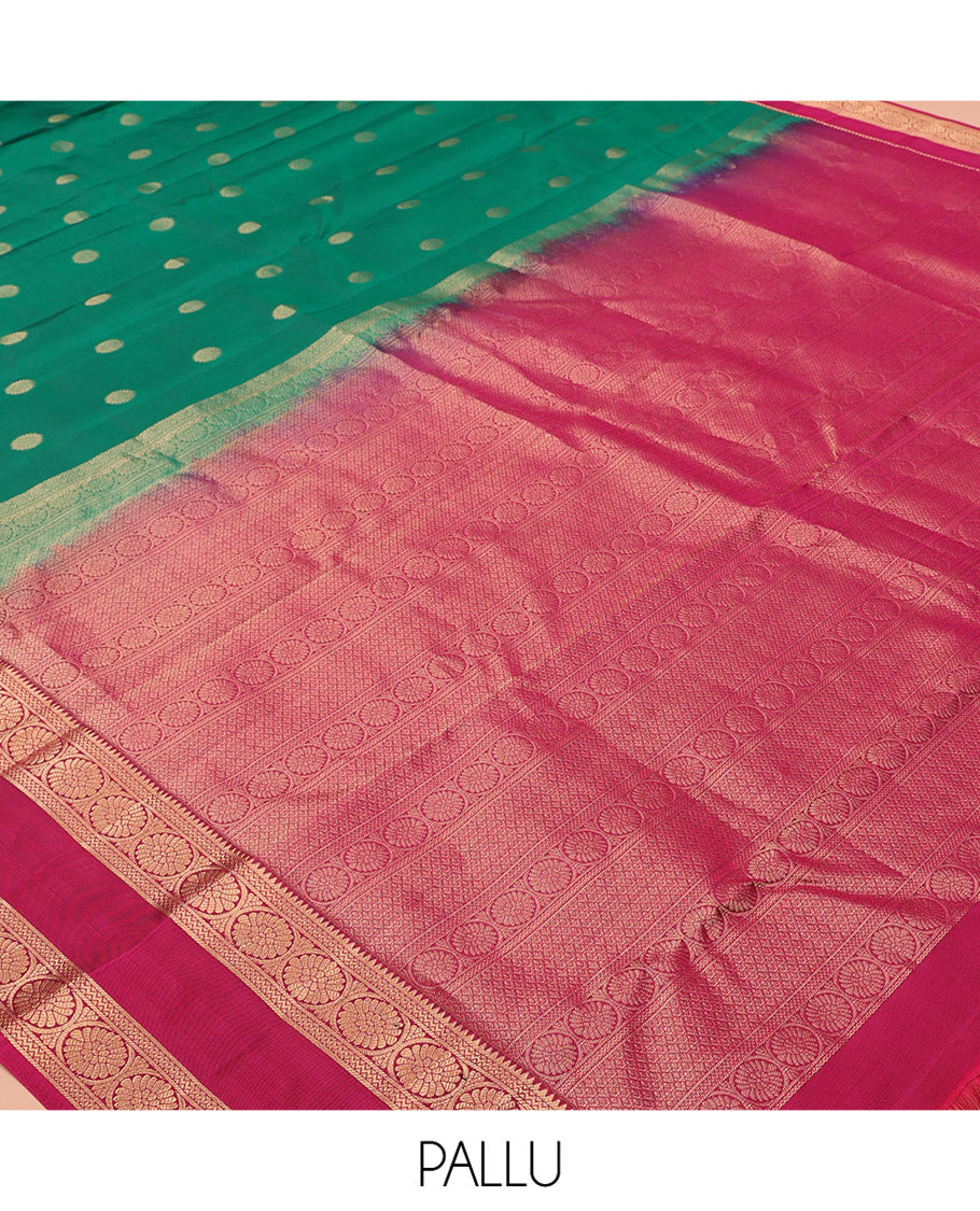Yellow Vasundhara Lite Silk Mix Saree, Embellished with Chakram Buttas, a Contrast Rettai Pettu Border of Rekku, Neli, and Chakram Designs, Traditional Pallu, and a Contrast Blouse