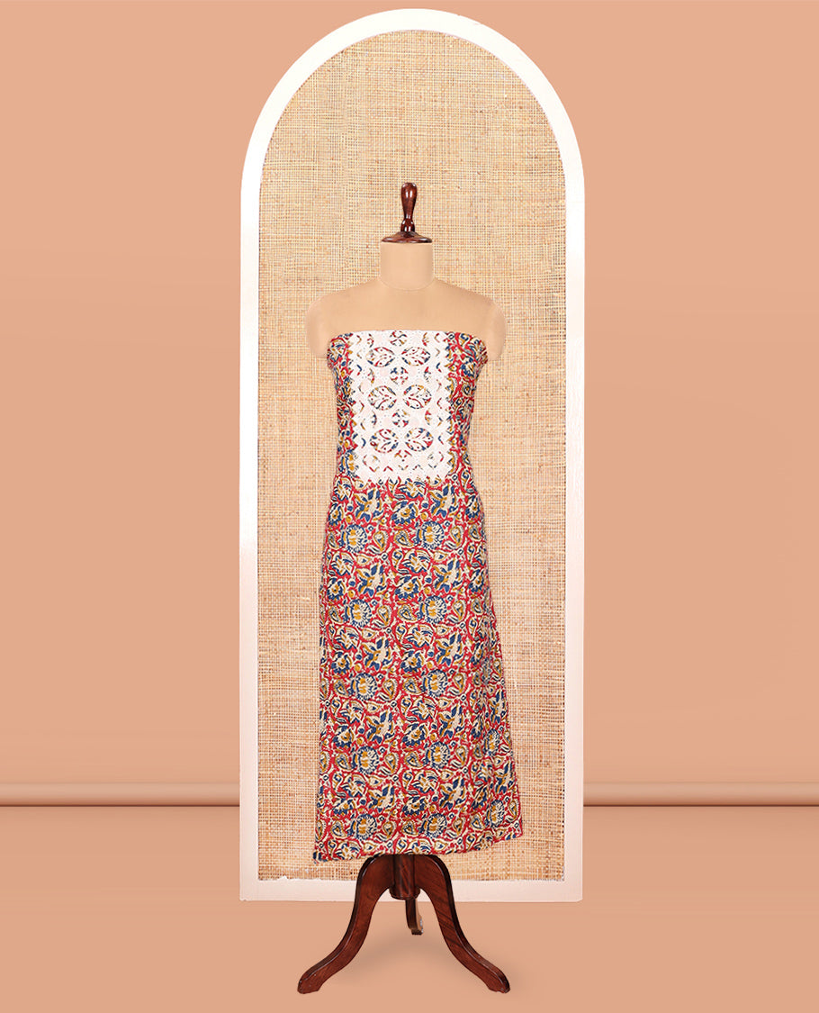 Red Cotton Material Chudidar, Floral Printed Hakoba Top, a Contrast Bottom, Print-Hakoba Dupatta