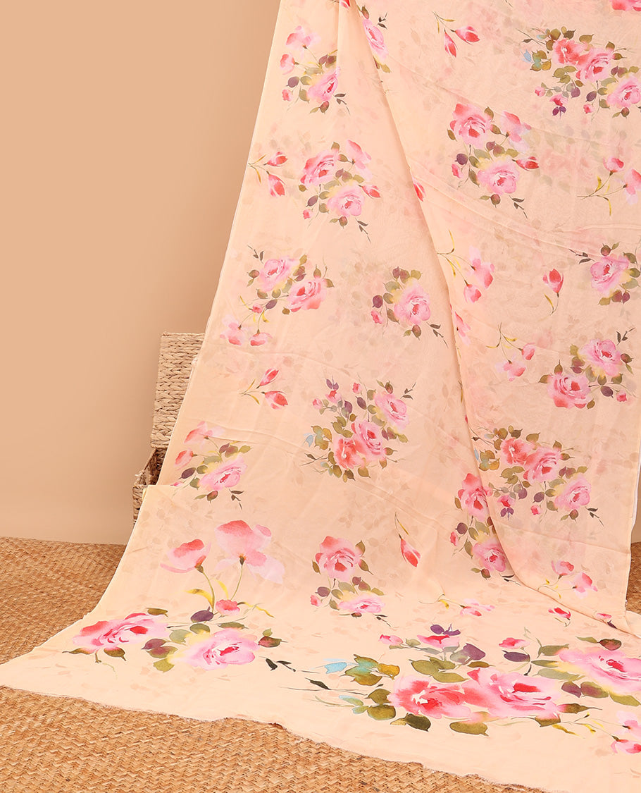 Semi banaras chiffon Borderless peach rose floral motifs printed semi-chiffon saree