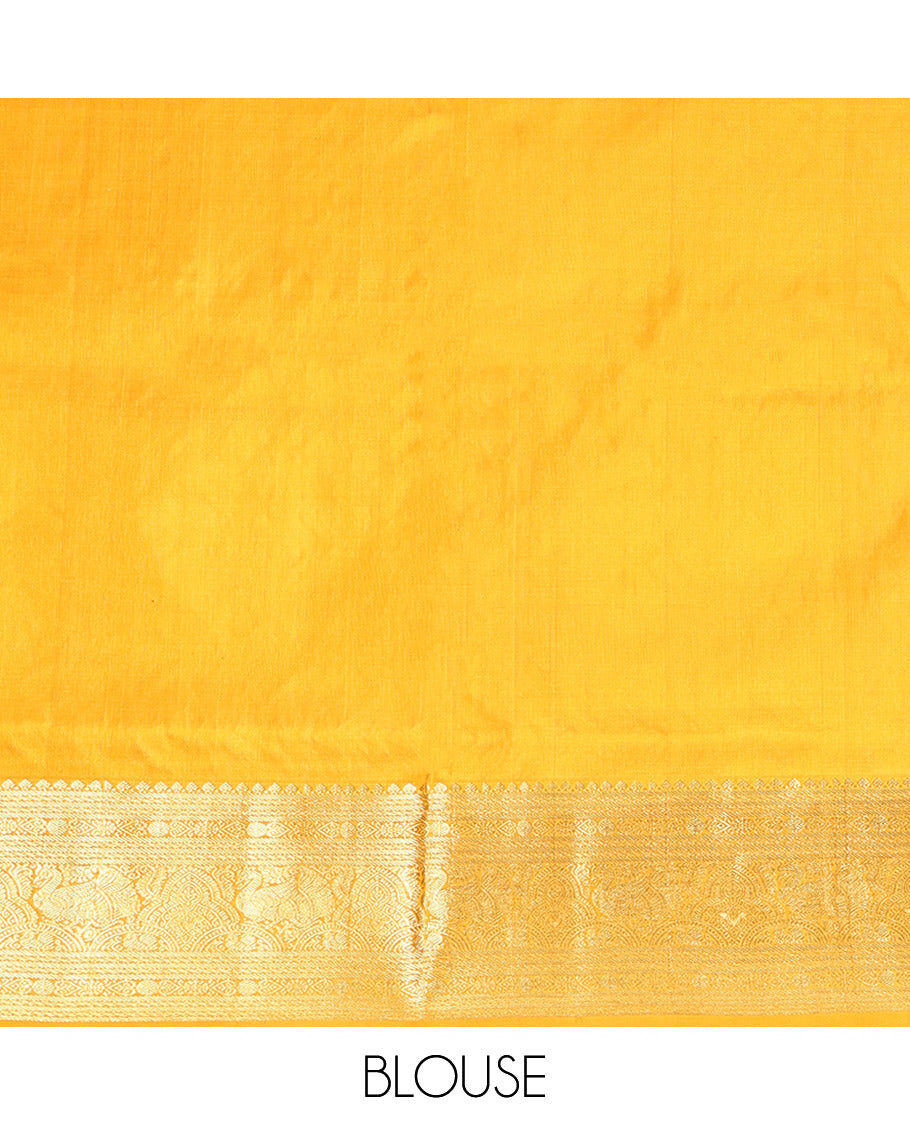 Yellow Venkatagiri Silk Saree, Gleamed Up with Geometric Design All Over Its Body, Highlightad by a Traditional Zari Design Border, Grand Jaal Pallu, and Paired with a Matching Blouse