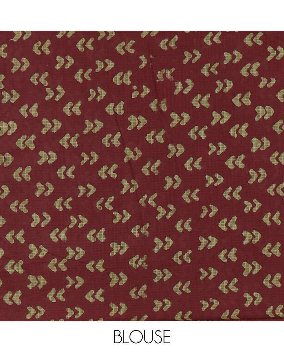 Brown kota cotton saree with box type pathik printed border & printed pallu along with printed blouse