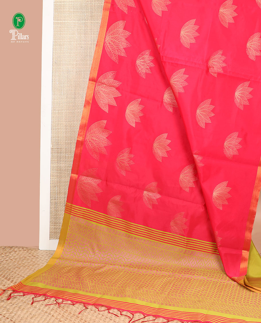 Red screen print micro silk saree with saree with copper zari border & screen print pallu along with plain blouse