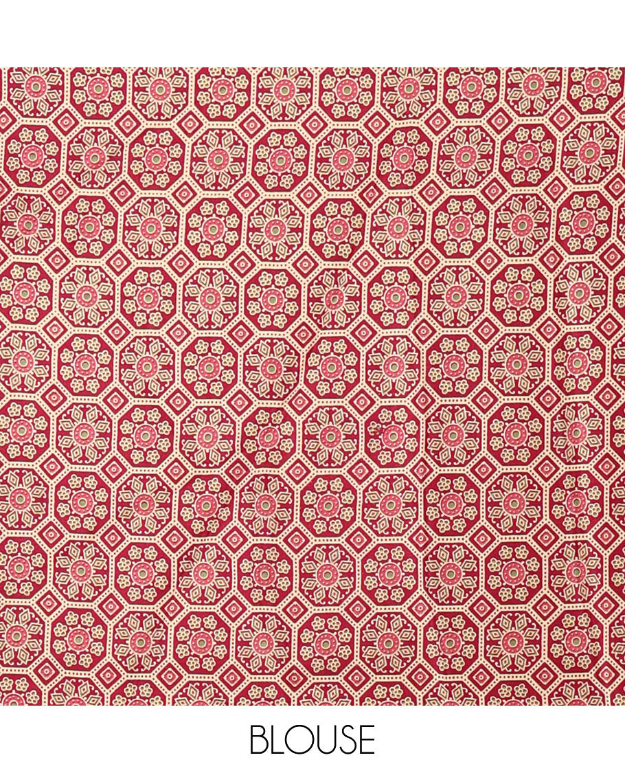 Maroon plain modal satin saree, double-sided border & pallu intricately printed Ajrakh-style design, Ajrakh printed blouse