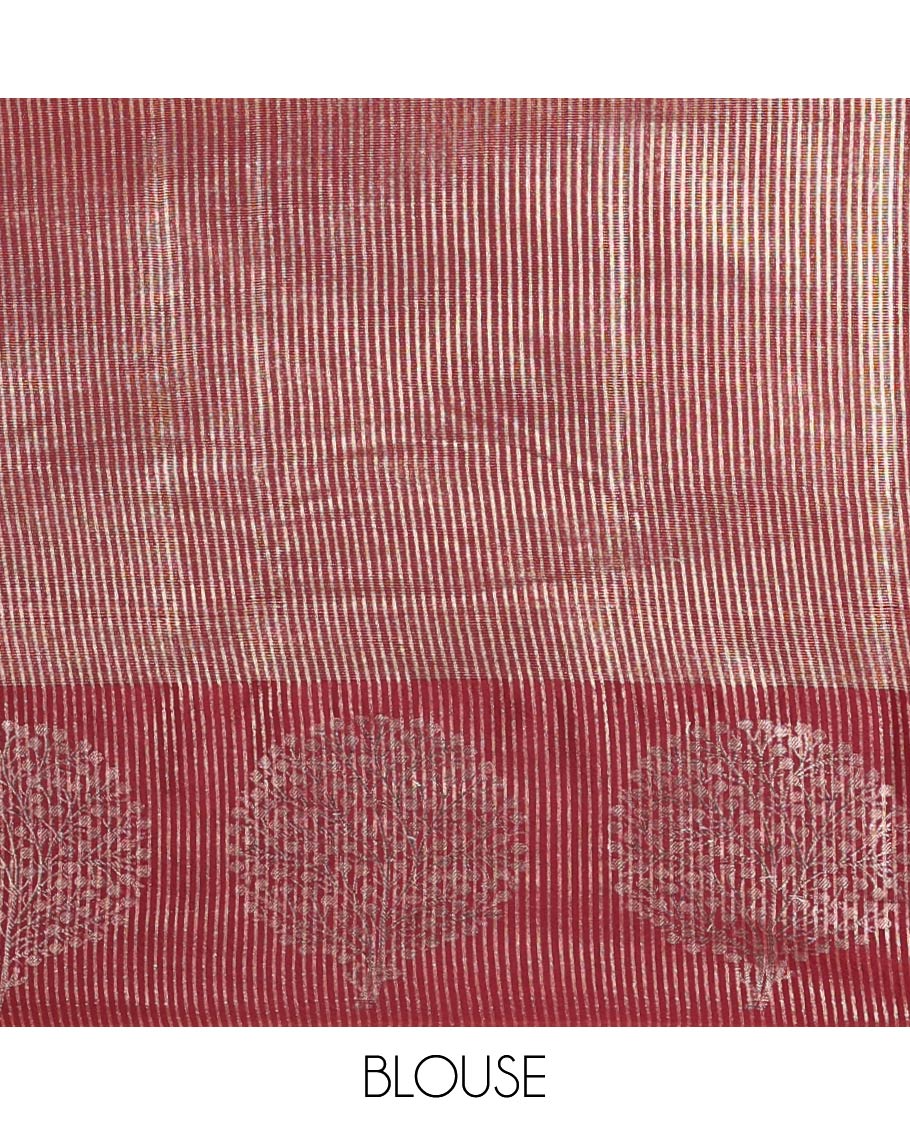 Orange Tissue-Cotton Blended Saree, Subtly Sparkled with Vertical Stripes on Its Body, Complemented by Contrast Border of Tree Motifs Woven, a Pallu Steeped with Zari Stripes, and Paired with a Contrast Blouse