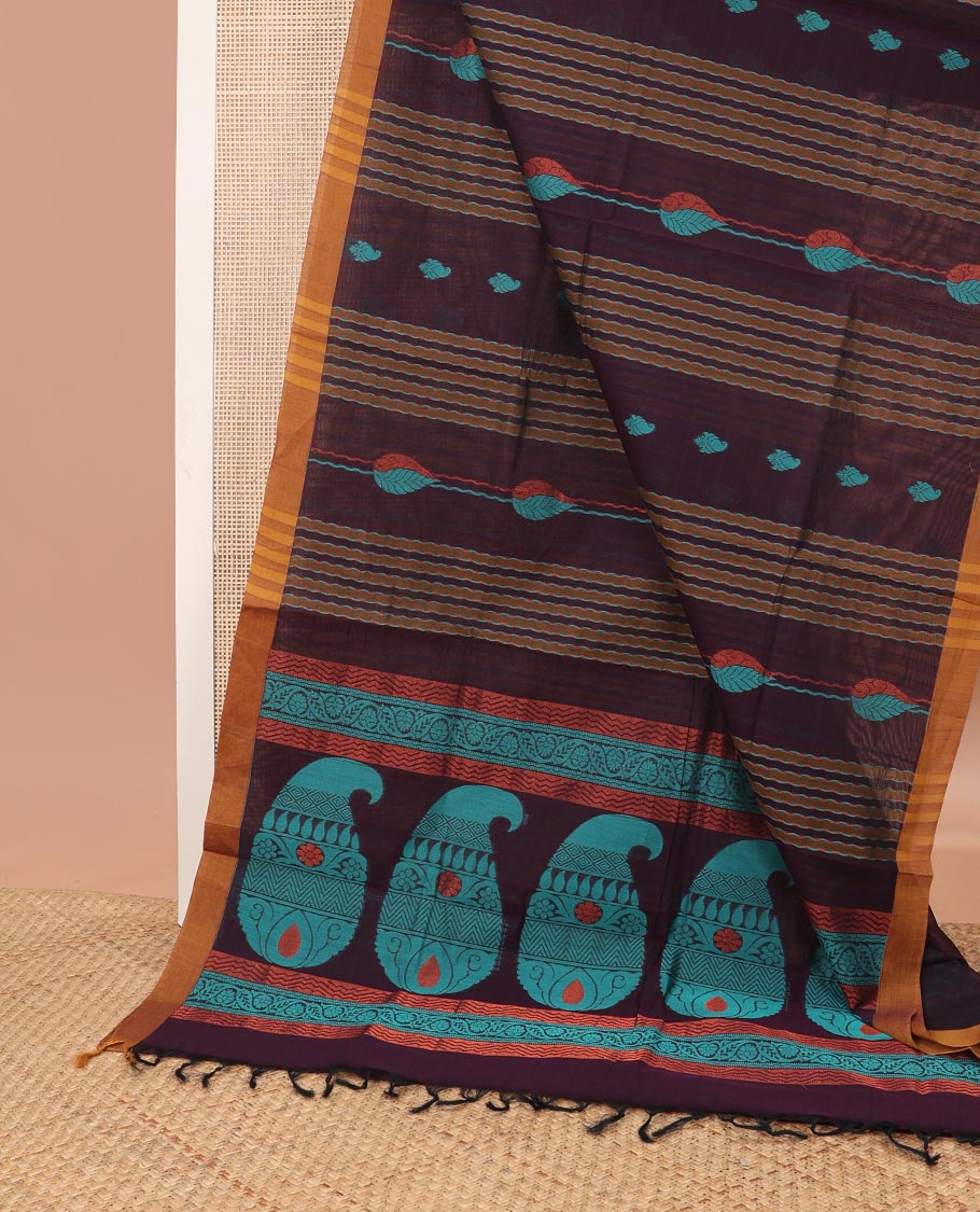 Brown all-over floral design coimbatore cotton saree with contrast striped border