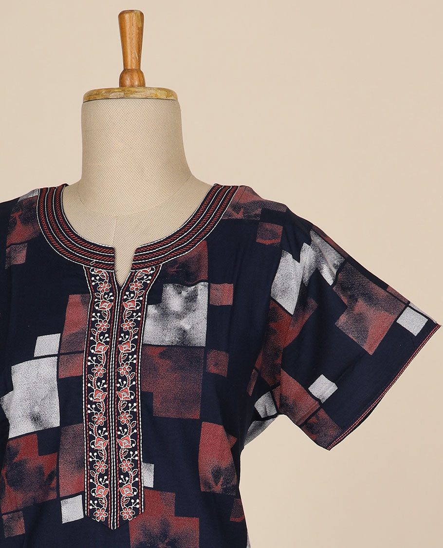 Multi-color geometric printed & floral thread embroidered round neck cotton half-sleeve nighty
