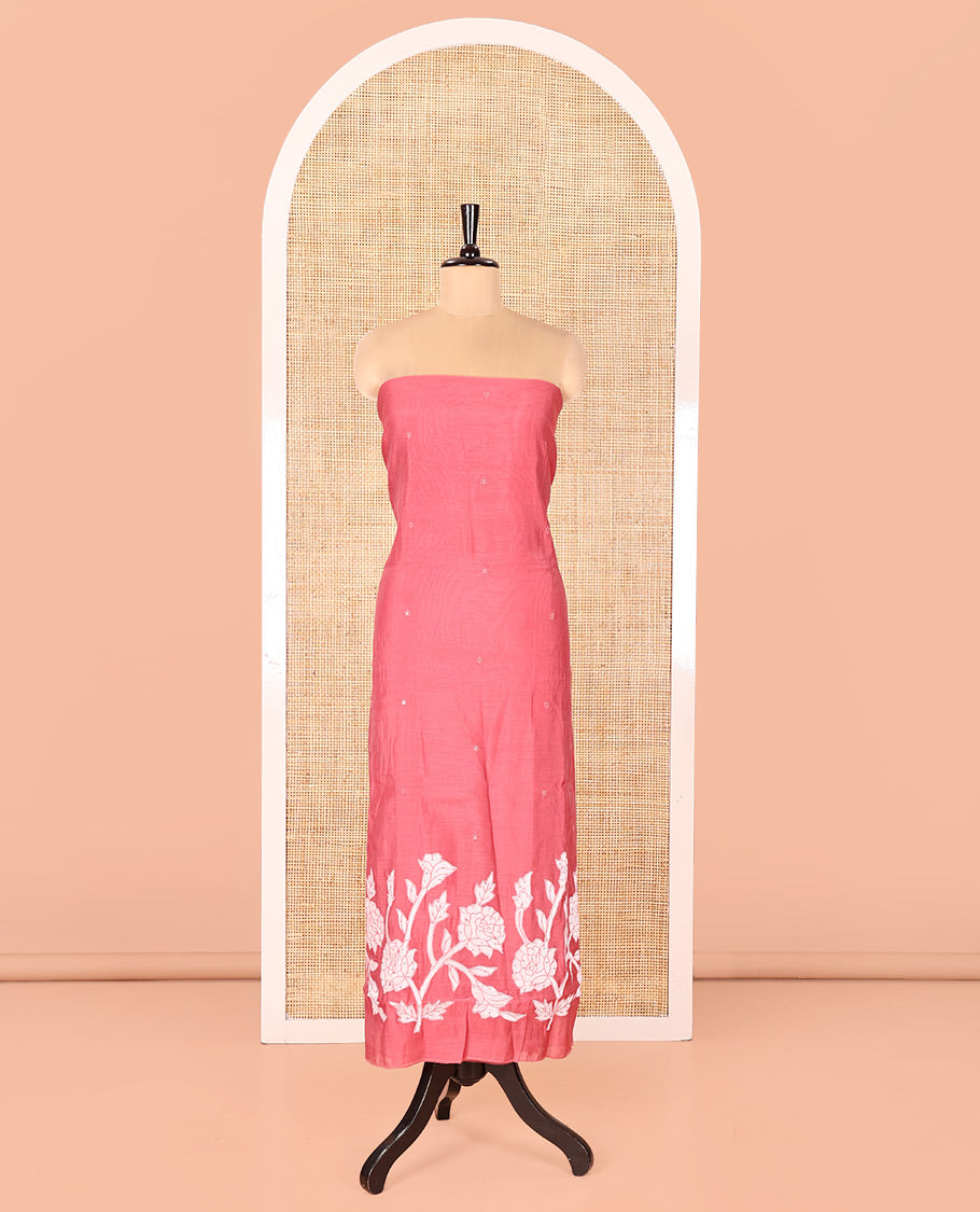 Pink Mul Chanderi Material Chudidar Set, Graced with Appliqué Floral Embroidery on Its Top, a Plain Santoon Bottom, and Paired Scallop Embroidered Mul Chanderi Dupatta