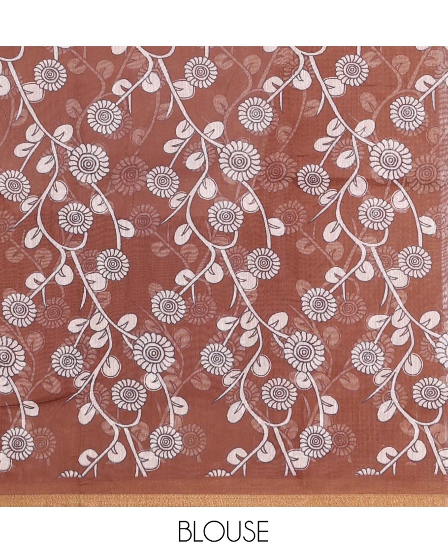Brown Chanderi Cotton Saree, Embellished with Kalamkari-Style Ancient Human Figurines Printed on Its Body, Subtle Zari Piping Border, Pallu Depicting Kalamkari Peacocks, and Paired with a Matching Blouse