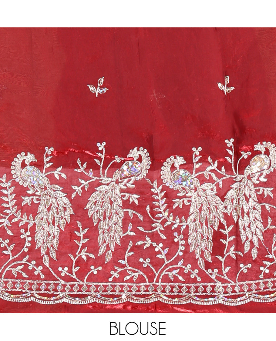 Borderless Maroon Plain Fendi Chiffon Saree, a Self-Pallu, and a Matching Peacock Embroidered Blouse