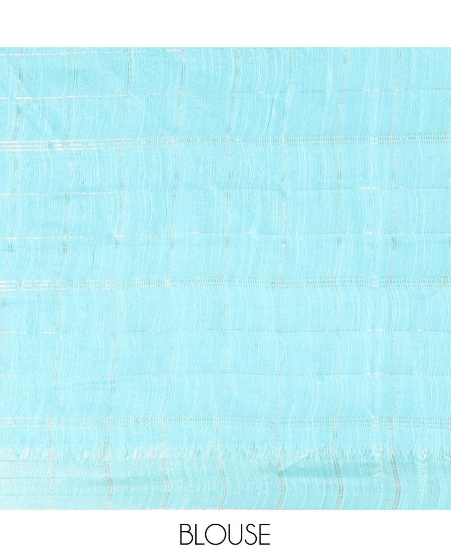 Navy Blue Bhagalpur Cotton Saree, Adorned with Zari Butta Enclosed Checked Design on Its Body, Complemented by a Contrast Checked Border, Pallu of Stripes and Buttas, and Paired with a Contrast Blouse