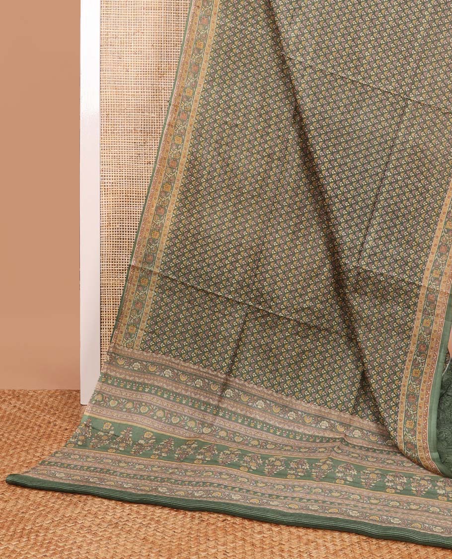 Green leaf design printed silk saree with contrast intricate design border & floral design pallu