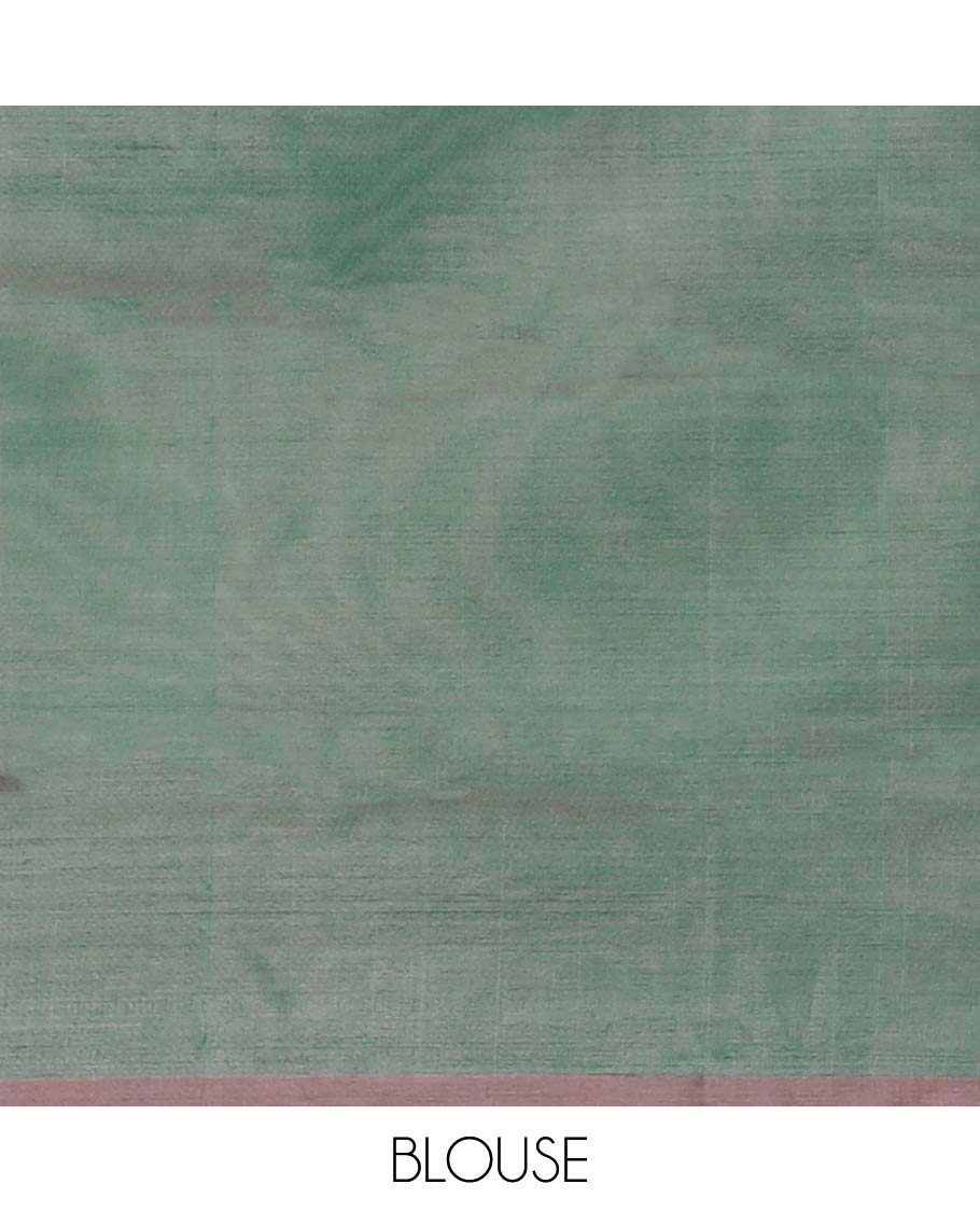 Borderless orange leaf motifs banana pith saree & striped ,leaf motifs pallu