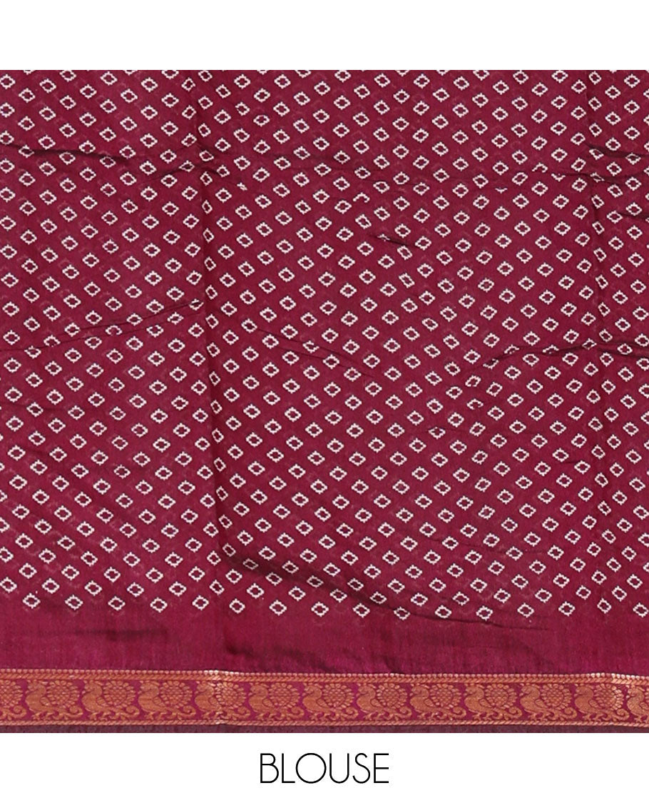 Dark violet zig-zag shibori printed maheshwari silk saree,contrast peacock zari border, nature-theme scenery print pallu & butta print blouse