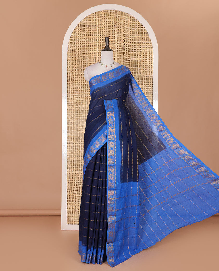 Blue veldhari zari striped Sungudi cotton saree, contrast peacock zari motif border, zari striped pallu, and contrast zari design blouse