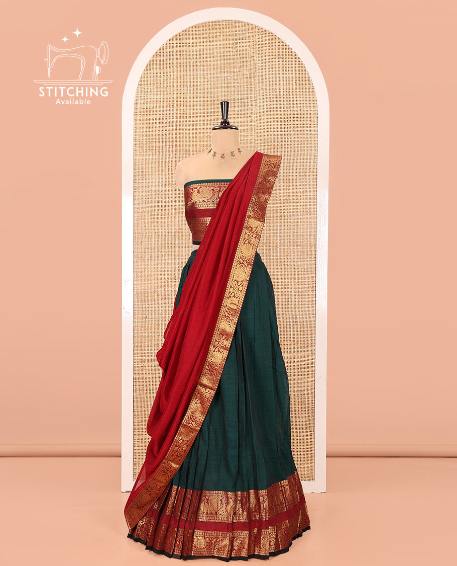 Bottle Green-Red Mercerised Cotton Half-Saree Features Plain with Contrast Peacock and Floral Creeper Zari Bordered Skirt, Paired with a Matching Blouse, and Comes with a Contrast Floral Creeper Zari Bordered Dhavani