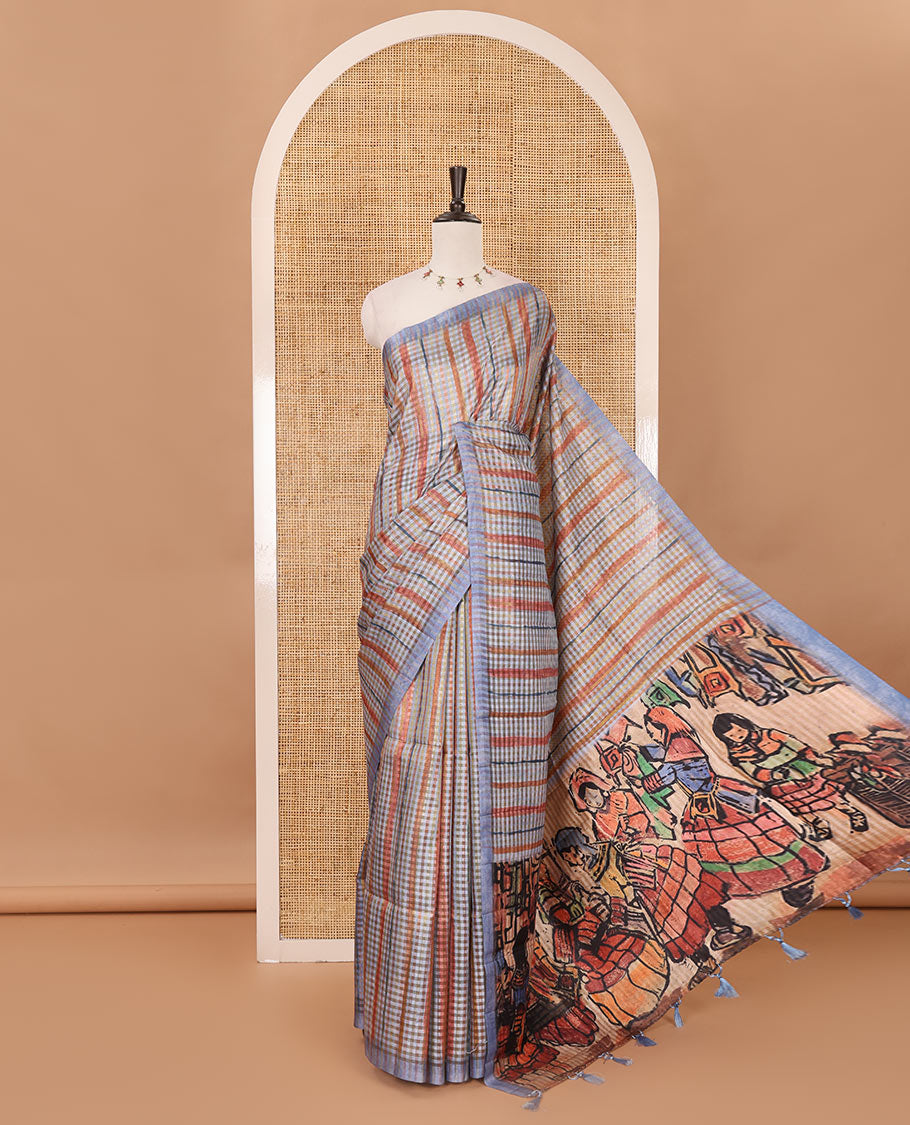 Borderless grey checked & stripes printed fancy tussar saree, contrast painting-style Indian woven motifs printed pallu & checked printed blouse