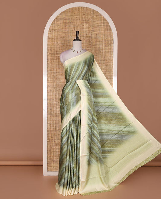 Mehendi green leheriya style hand brush printed satin crepe saree, contrast border, plain pallu, and floral vine printed blouse