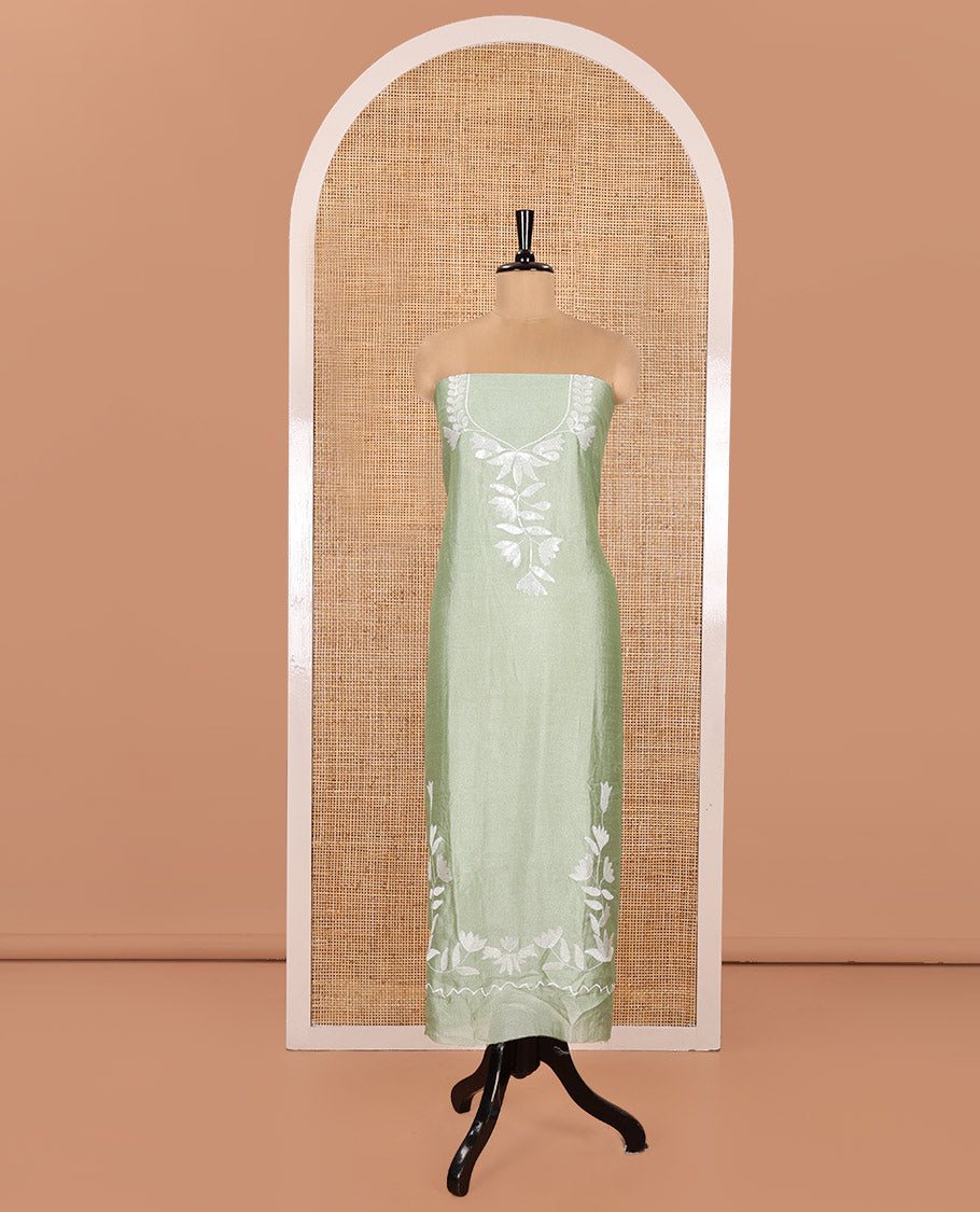 Pista Green Material Churidar Set, Detailed with Floral Motifs Sequins-Thread Embroidered on Its Vichitra Silk Top, Comes with a Contrast Santoon Bottom, and Paired with a Vichitra Silk Floral Embroidered Scallop Dupatta