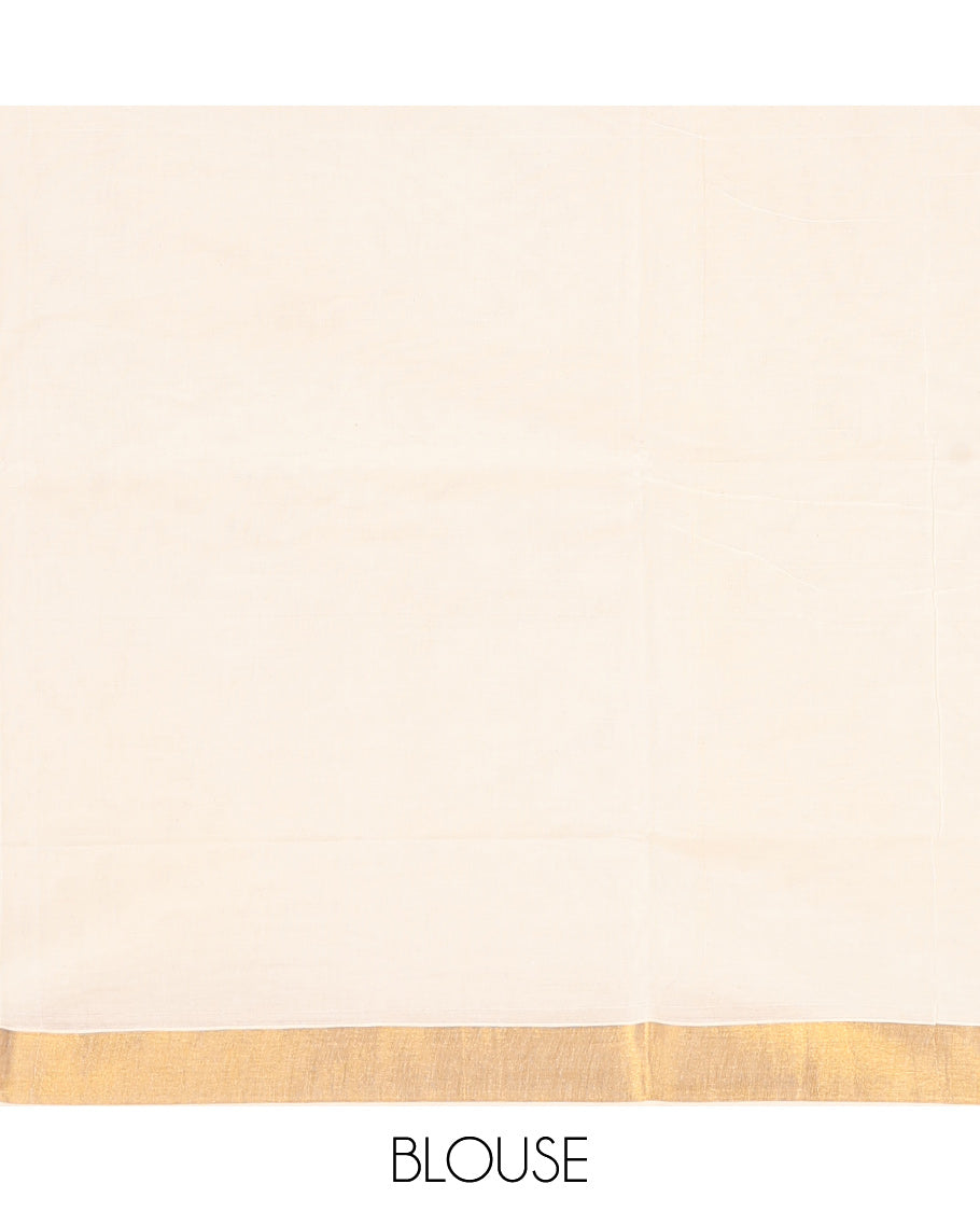 Cream Kerala Saree, Dazzled with Zari Buttas on Its Body, Bavanji Zari Border, Sparkling Pallu of Zari Designs, and Paired with a Matching Blouse