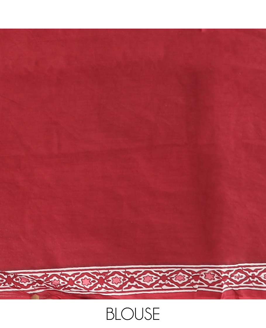 Red floral design mul mul cotton saree with self geometric design border & intricate design pallu