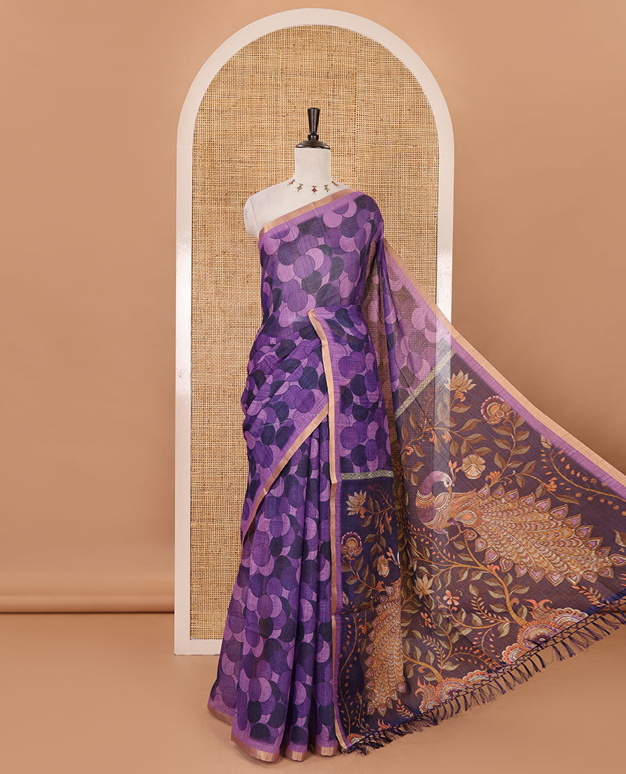 Lavender polka dots printed linen cotton saree, piping border, kalamkari floral-peacock printed pallu & small polka dots printed blouse