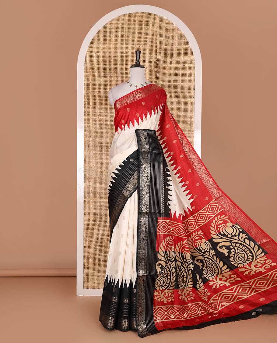Cream zari buttas dola silk saree, contrast red-black temple ganga jamuna traditional zari border, paisley pallu, and contrast zari design blouse