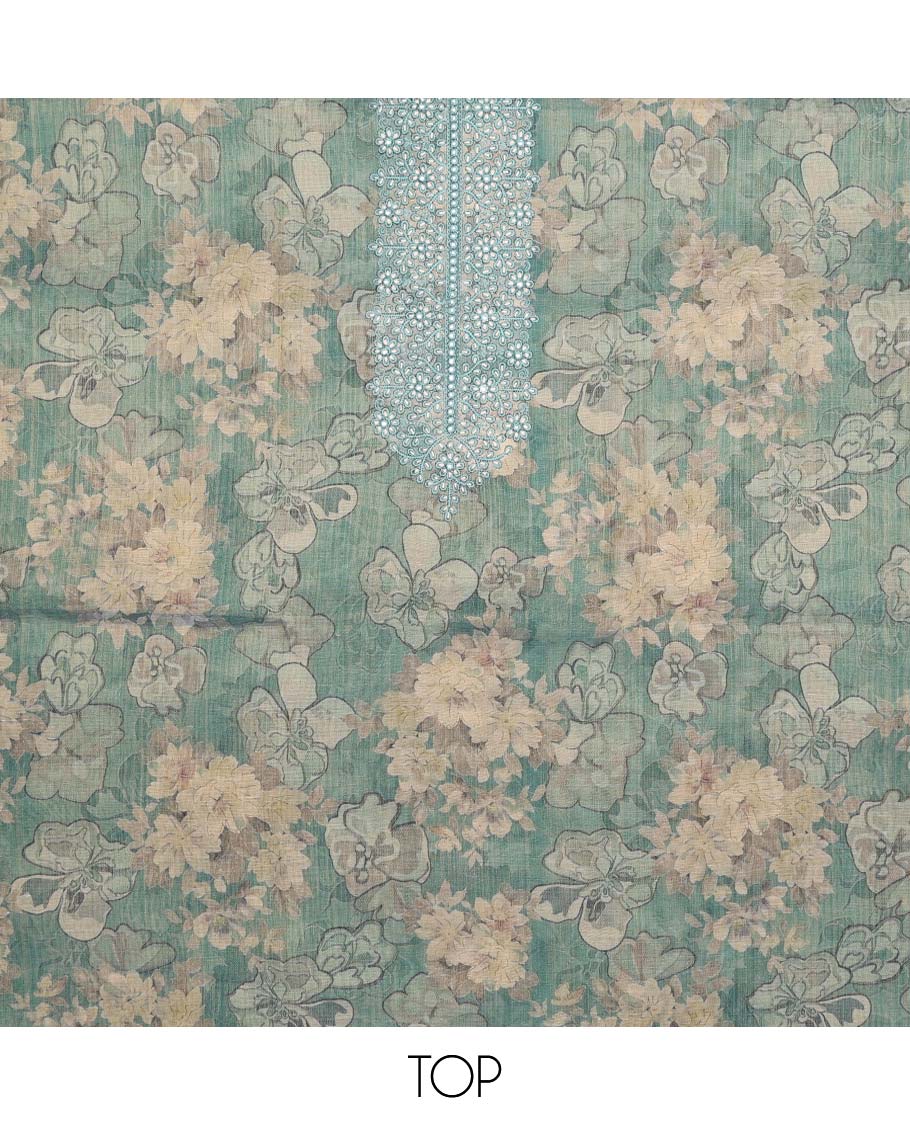 Blue chudidhar material set floral printed with thread embroidery top, plain bottom & floral motif embroidery scallop border dupatta