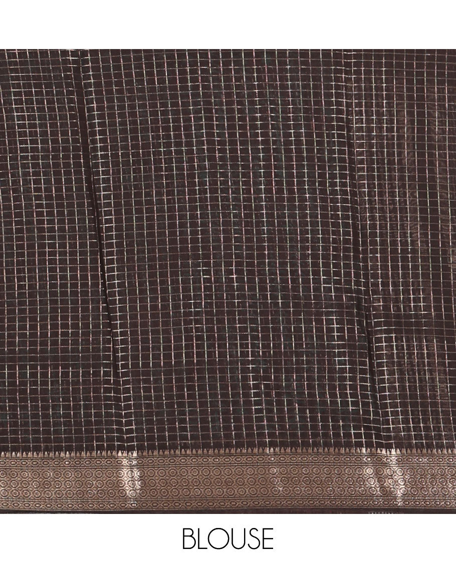 Purple checked chanderi cotton saree printed with pine-tree motifs,contrast traditional zari border & zari checked pallu