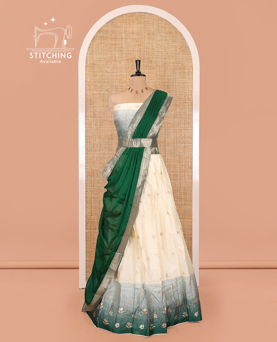 Cream-Green Semi-Silk Half-Saree Featuring Buttas Skirt, Contrast Floral Border, Matching Blouse, Contrast Syska Georgette Dhavani
