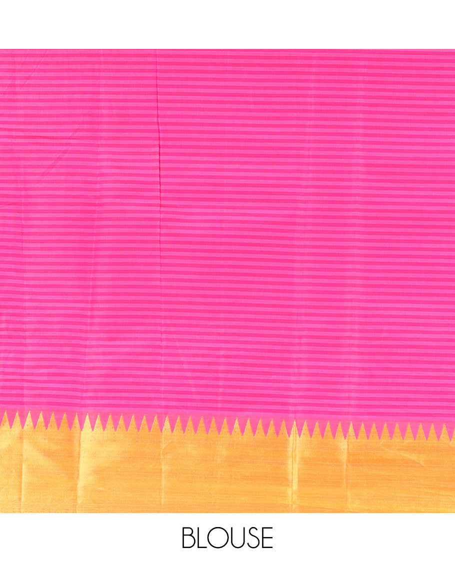 Black-Yellow Kanchi Silk Saree Features Checks and Buttas, Contrast Ganga-Jamuna Temple Border, and Contrast Blouse