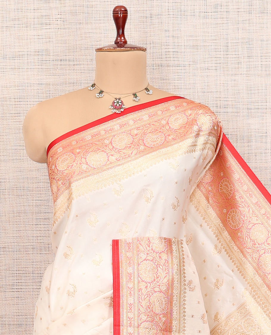 Cream Semi-Banaras Satin Silk Saree