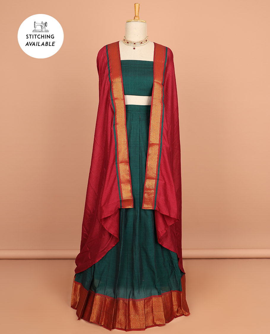Pink cotton half saree with contrast traditional border , plain blouse & plain dhavani with zari design border