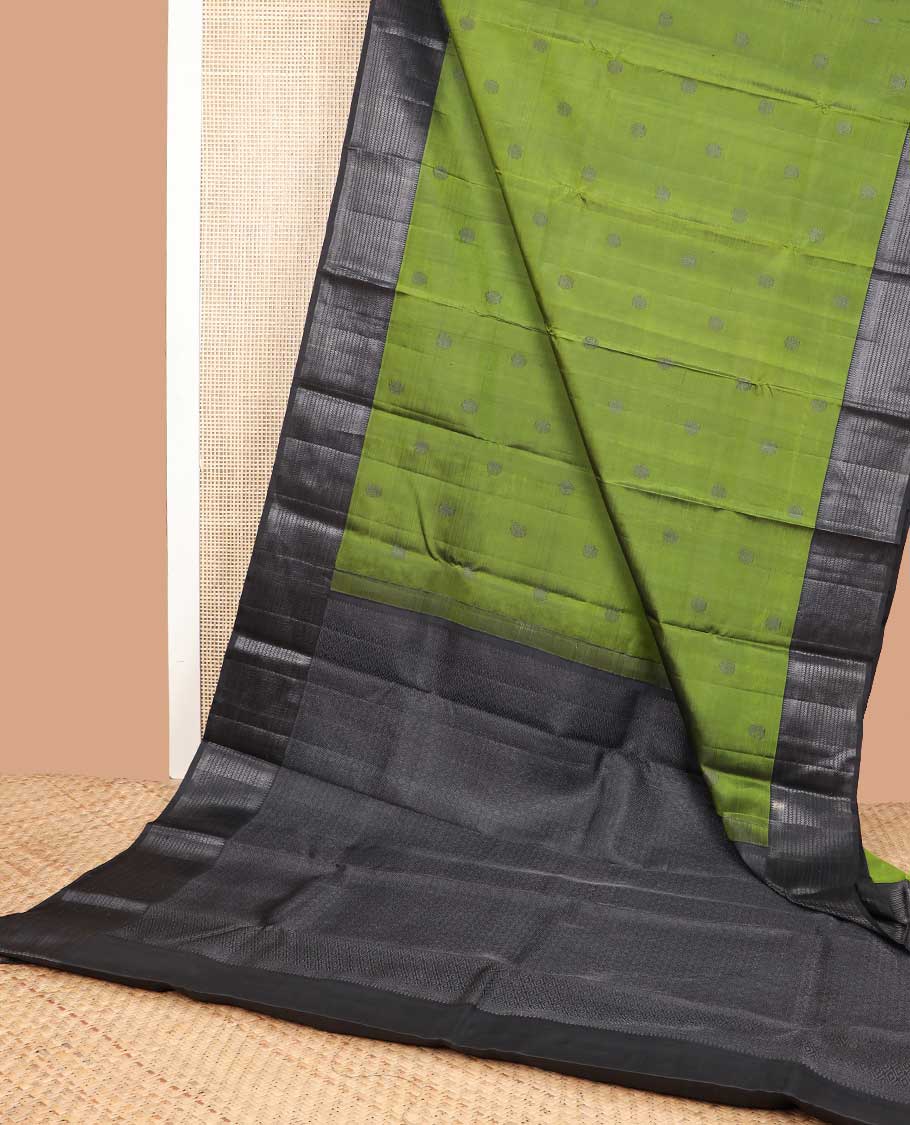 Green buttas kancheepuram silk saree with self border of thilakam mokku, muthu, banaras design & zari design pallu