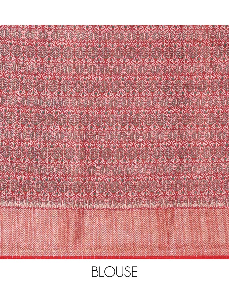 Cream zari striped dola silksaree,contrast red zari border & pallu of kalamkari animal print, ajrakh printed blouse