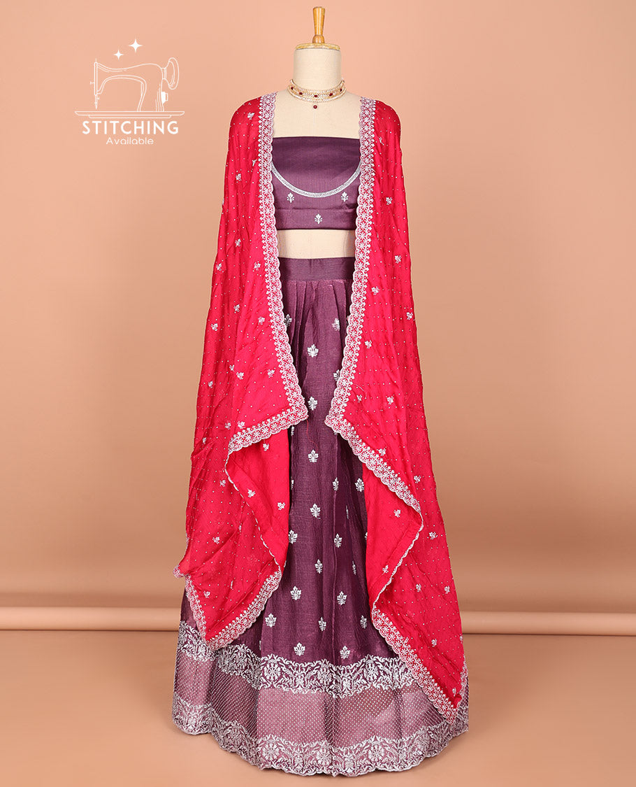 Violet floral buttas embroidered half saree with self embroidered border, floral design blouse & floral buttas , scallop border dhavani