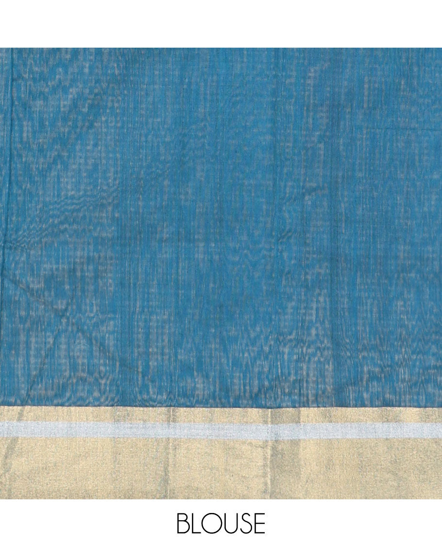 Blue floral motifs chanderi cotton saree with contrast zari design border & striped pallu
