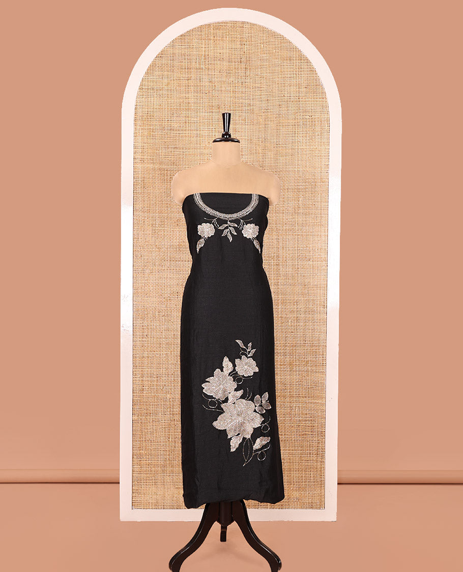 Black Material Chudidhar Set, Ornamented with an Floral Motifs Embroidered on its Vichitra Silk Top, Plain Santoon Bottom, and Vichitra Silk Dupatta of Leaf Motifs Embroidery
