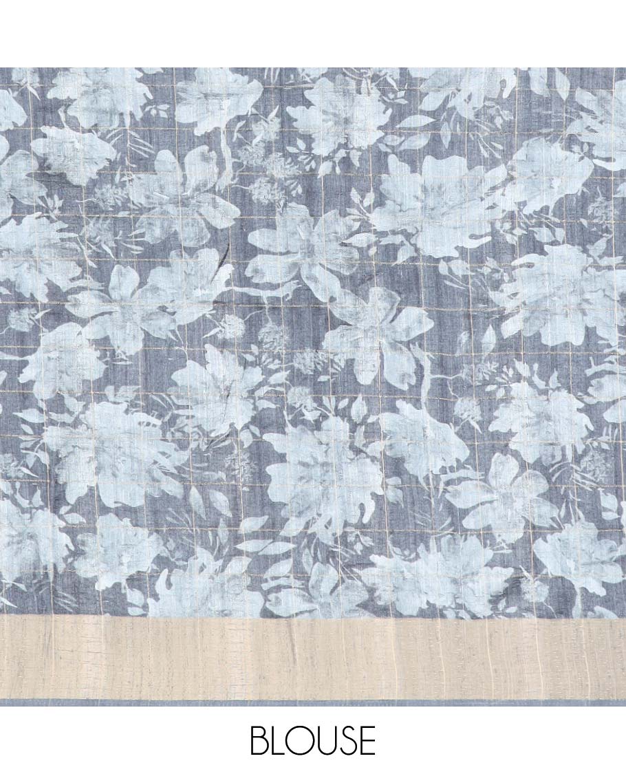 Grey checks with floral printe semi tussar saree, gold zari bawanchi border & printed pallu along with checked blouse