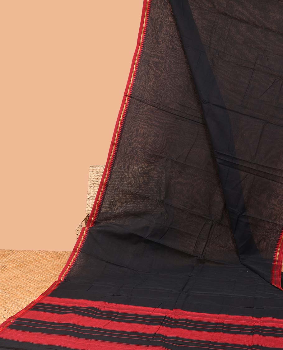 Black plain Narayanapet cotton saree, contrast temple border & striped pallu