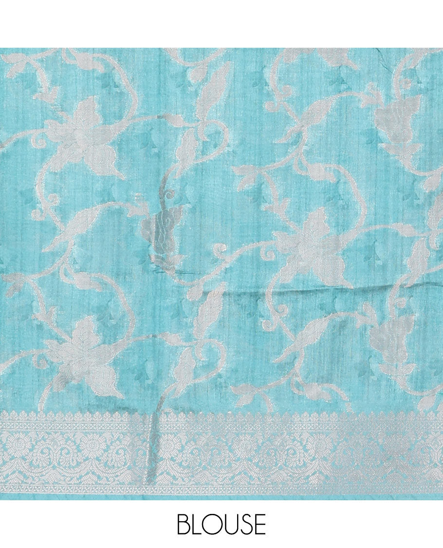 Aqua green floral weaving zari design semi-dupion saree with sliver zari border & rich weaving zari pallu along with weaving blouse
