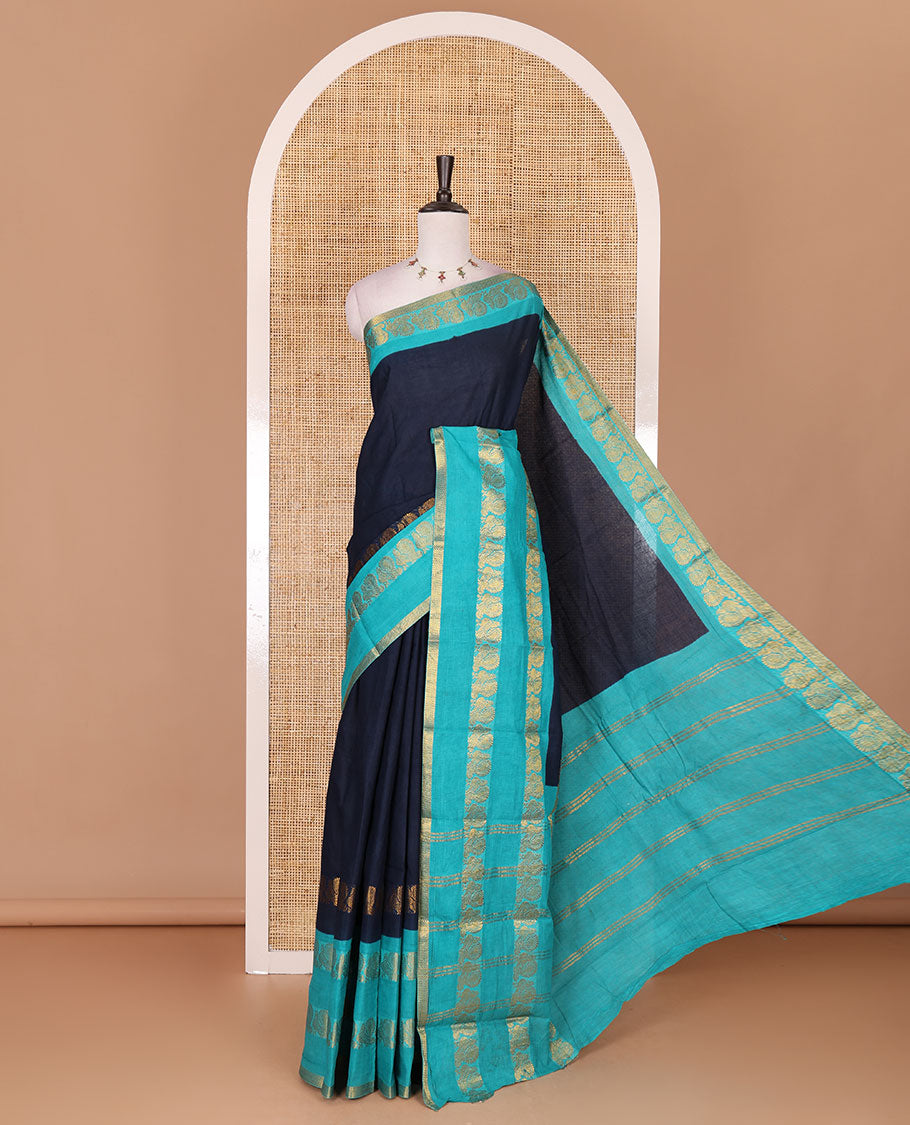 Navy blue plain sungudi cotton saree, contrast annam motifs, gold zari woven border, zari striped, and zari design contrast blouse
