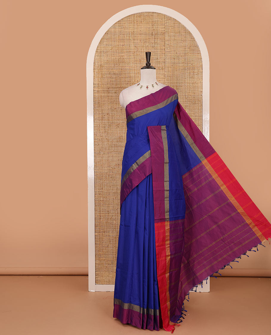 Nevy blue full-plain semi-soft saree, contrast satin border of zari stripes, striped pallu & contrast plain blouse